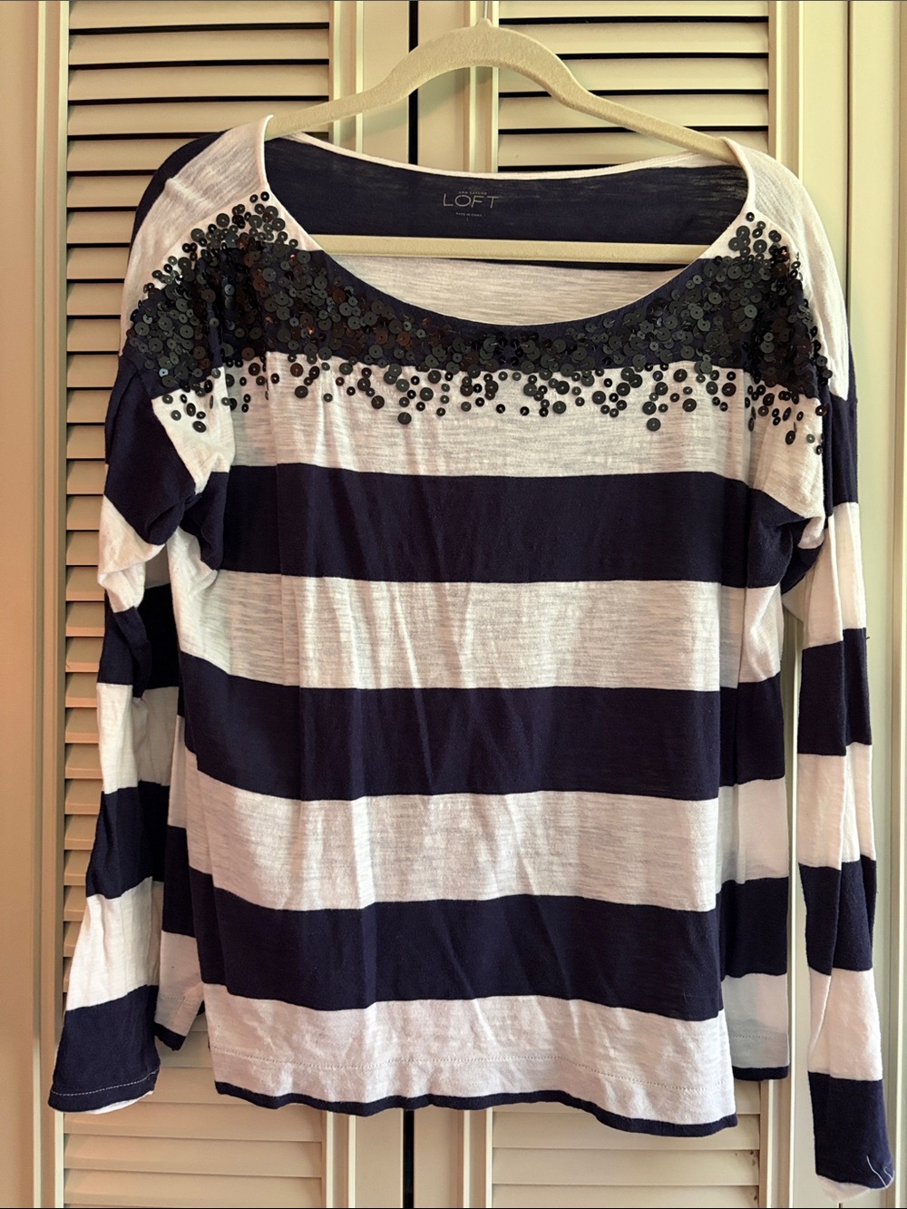 LOFT Navy and White Striped Sequin-Embellished Long Sleeve Top